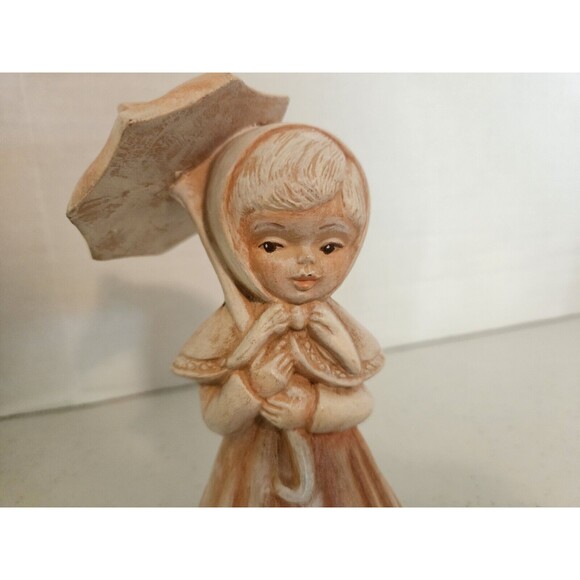 Vintage 70's Ceramic Girl Set Of 2 Dress Clothes Large Hats Umbrella Statues MCM - Picture 9 of 16